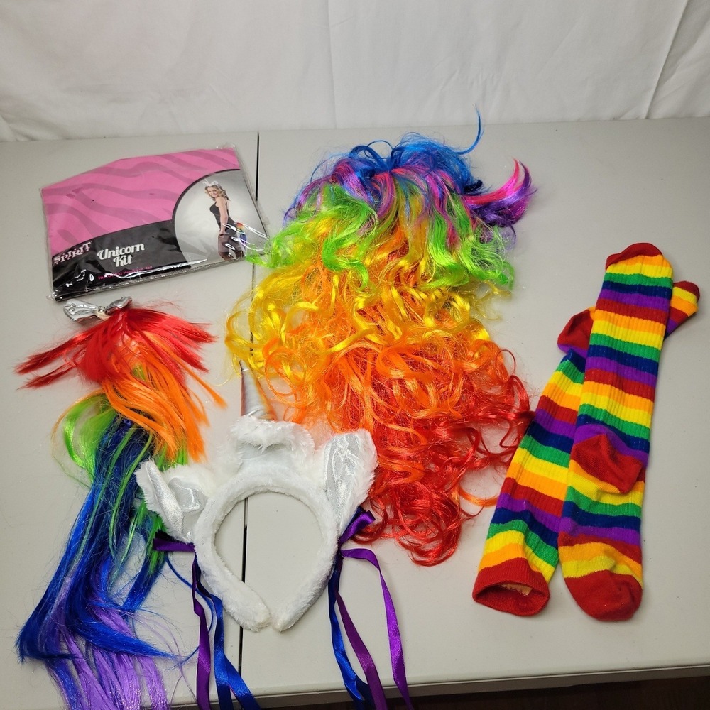 Women's Spirit Unicorn Halloween Costume Kit ~ Headband Wig Socks Rainbow